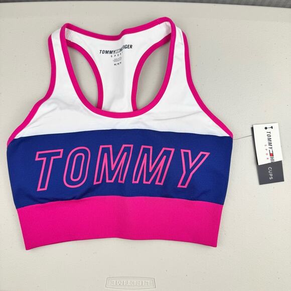 Tommy Hilfiger Sport Pink/Blue/White Sports Bra Racerback Size Medium Low Impact - Picture 1 of 6
